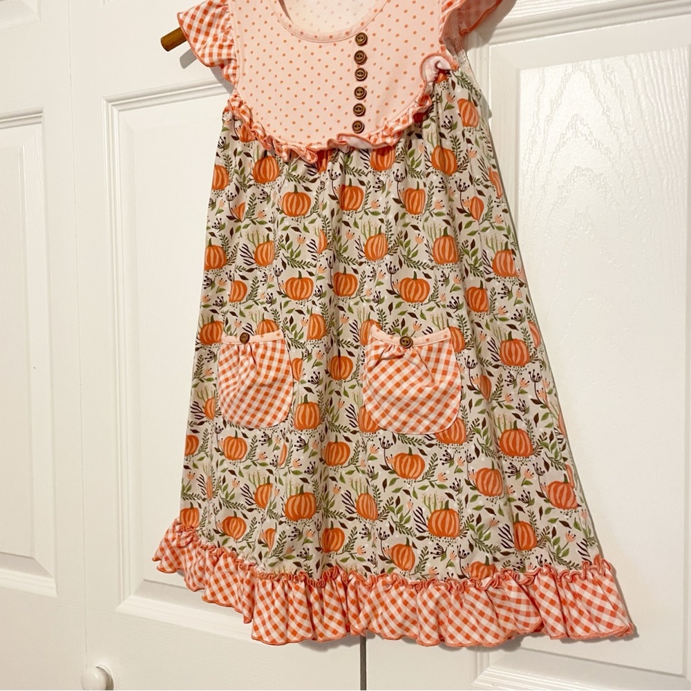 Shrimp & Grits Serendipity Pumpkin Fall Print Dress Ruffle Hem Girl’s Size M 5/6 - Picture 2 of 9